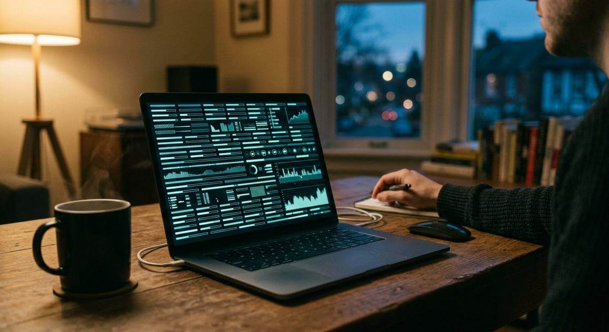 A laptop on a desk at night with progress bars running on their own