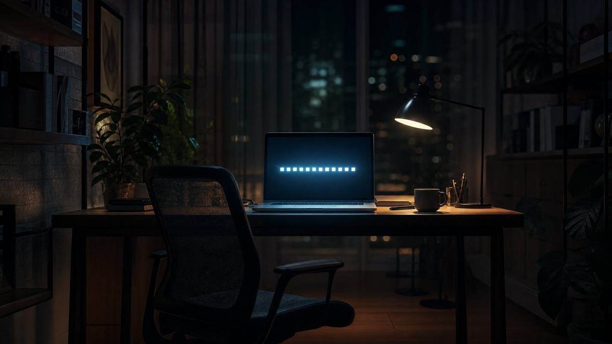 An empty chair before a laptop running a row of glowing task tiles on its own