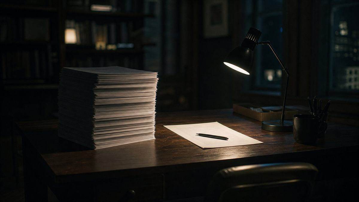 One page pulled from a stack of identical printed pages, lit brighter under a desk lamp