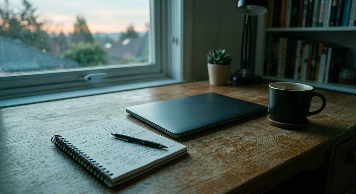 A closed laptop and a notebook on a desk at dawn