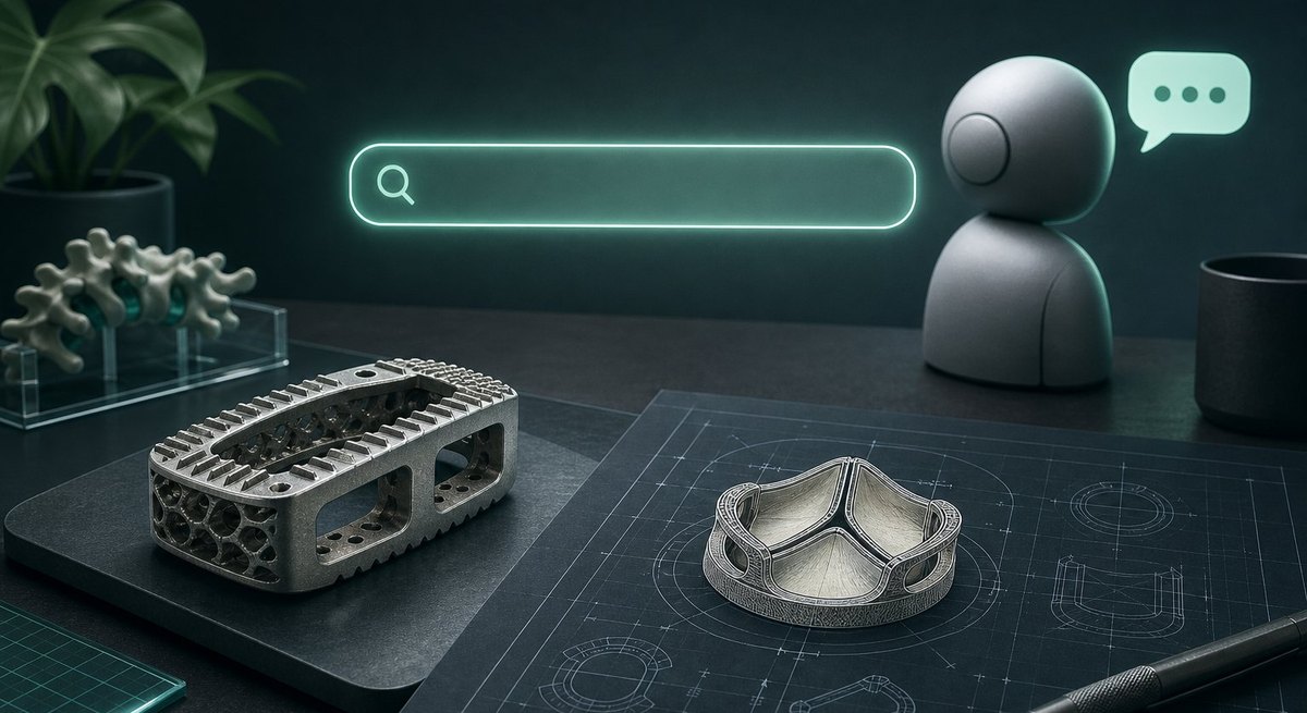 A medical implant blueprint glowing beside a search bar, unseen by an AI assistant
