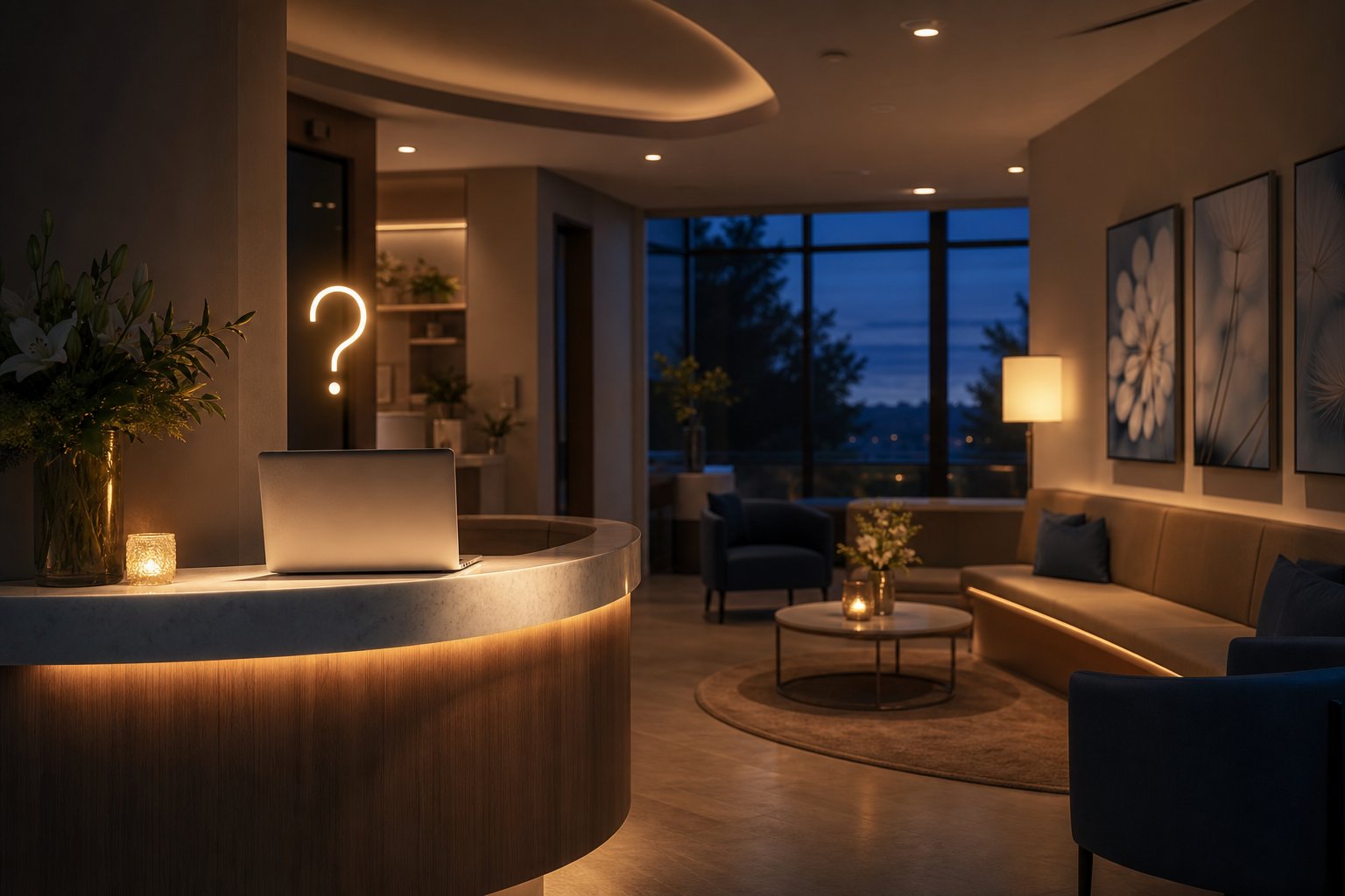 Warm IVF clinic waiting room at dusk with a glowing laptop on the desk