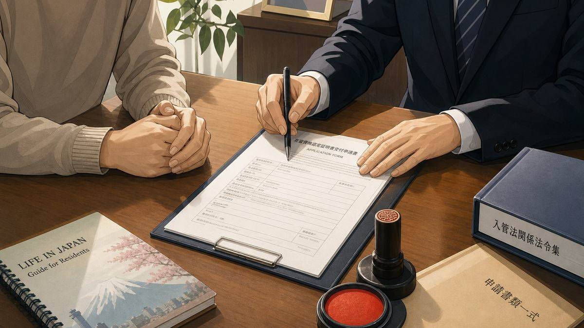 A foreign resident and a Japanese professional reviewing an application form