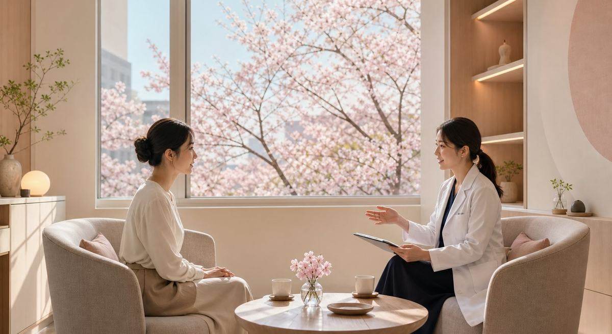A calm modern fertility clinic consultation room with cherry blossom outside