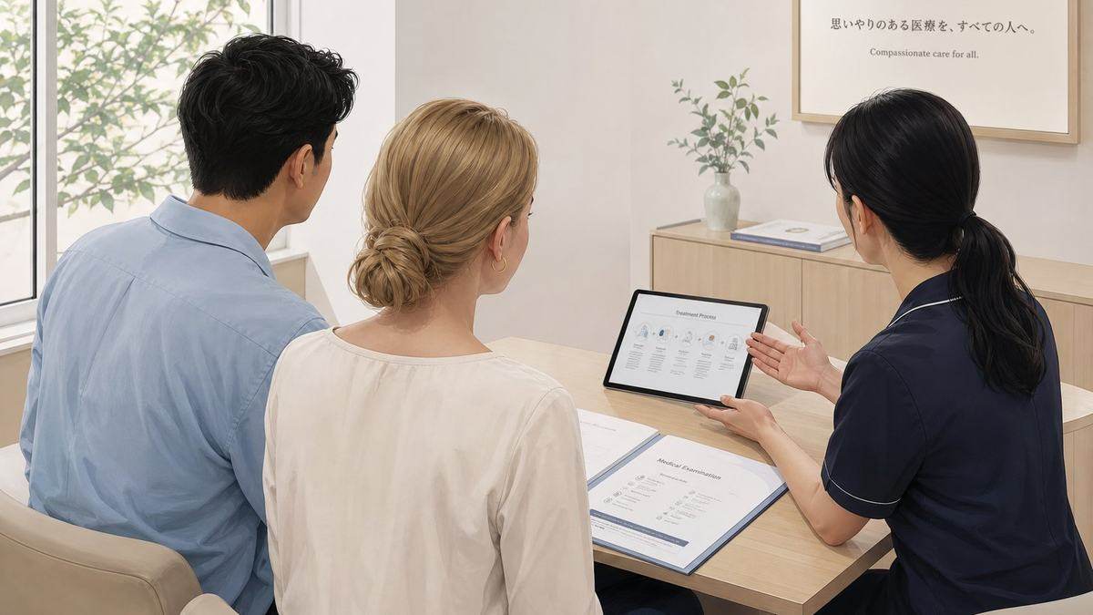 An international couple talking with a clinic coordinator across a desk