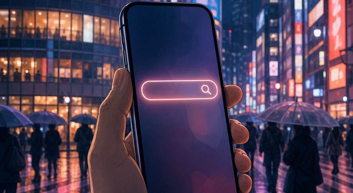 A hand holding a smartphone with a glowing search bar on a neon-lit Tokyo street