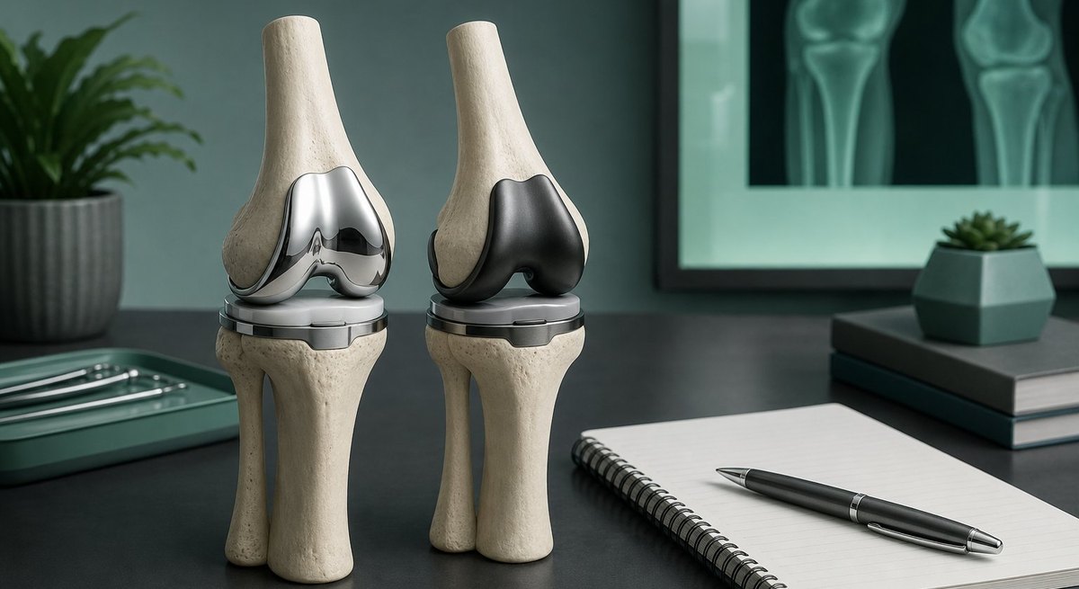 Two knee implants side by side on a desk with a notepad and a surgeon's pen