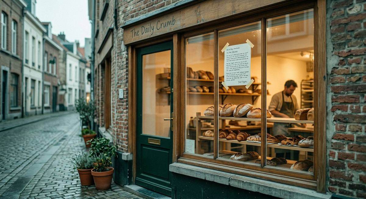 A bakery window in the morning with a new notice taped to the glass