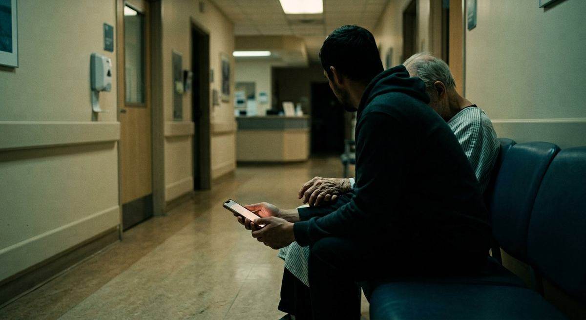 A man in a hospital corridor at night holding an elderly relative’s hand while reading his phone