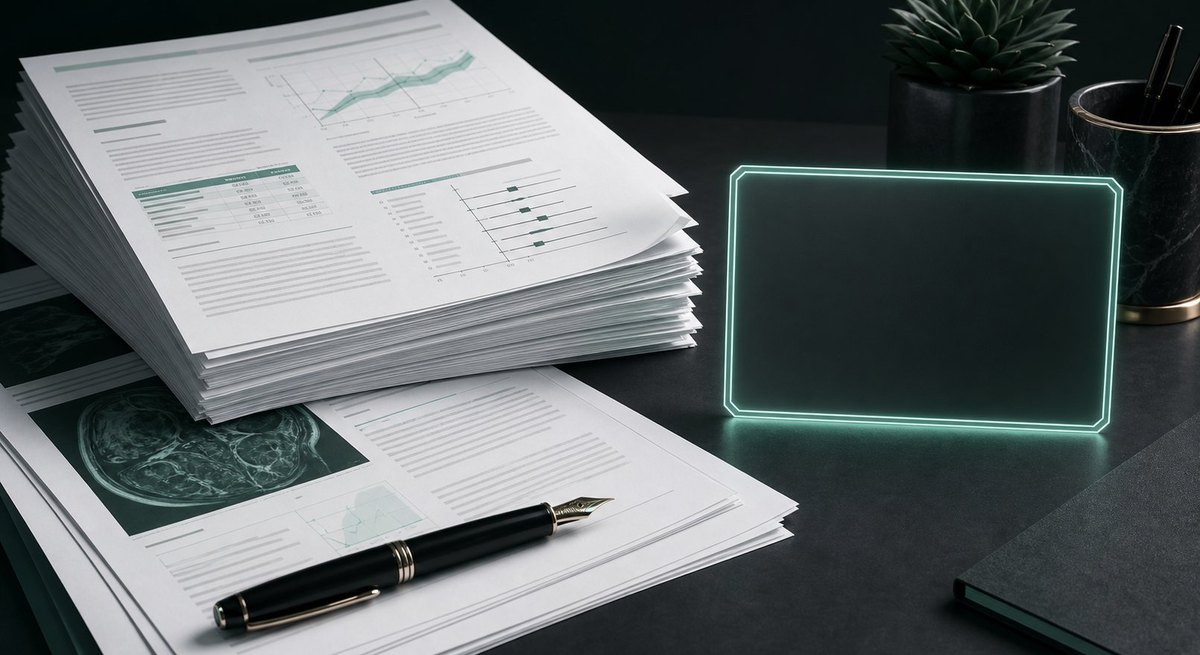 A stack of clinical PDFs beside a glowing, empty answer-engine citation box