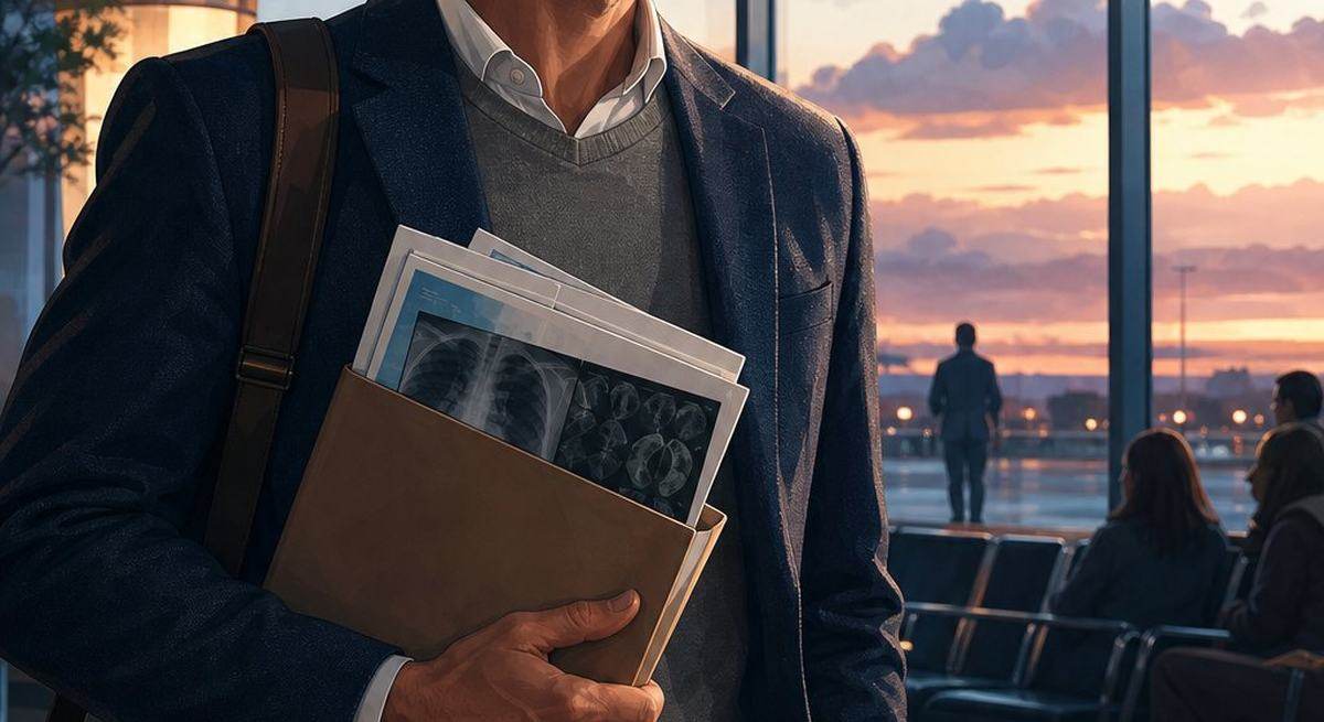 A traveler in an airport departure hall holding a folder of medical documents