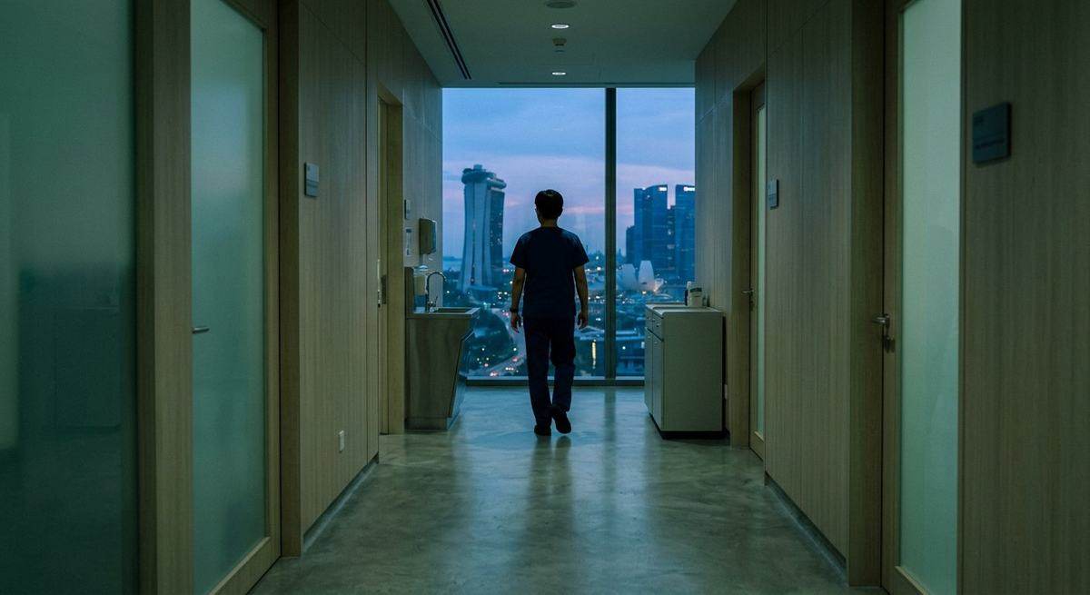 A figure walking down a clinic corridor toward a window with a skyline