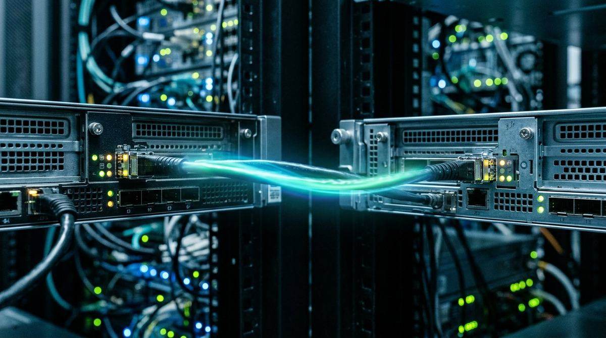 Two server units with a pulse of light travelling between them