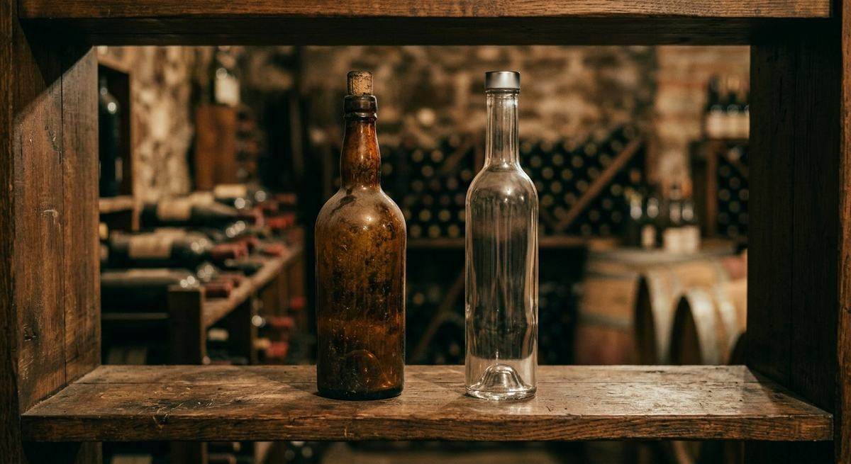 An old dusty bottle beside a clear modern bottle on a wooden shelf