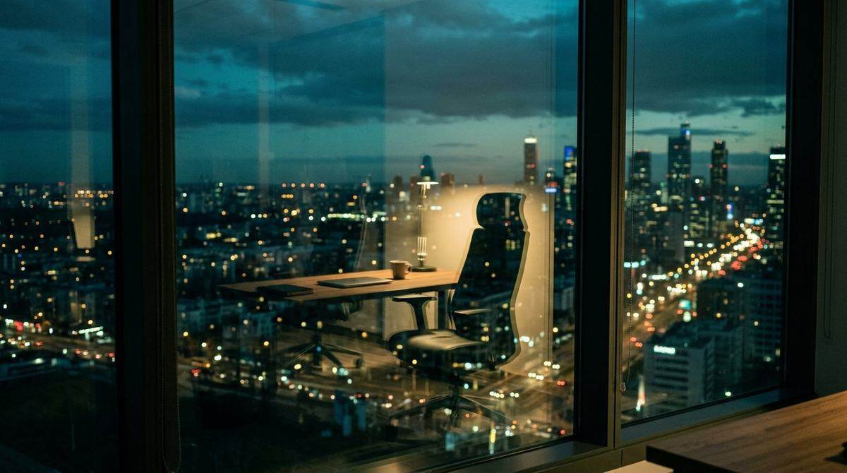 An office window at dusk reflecting an empty desk chair back into the room
