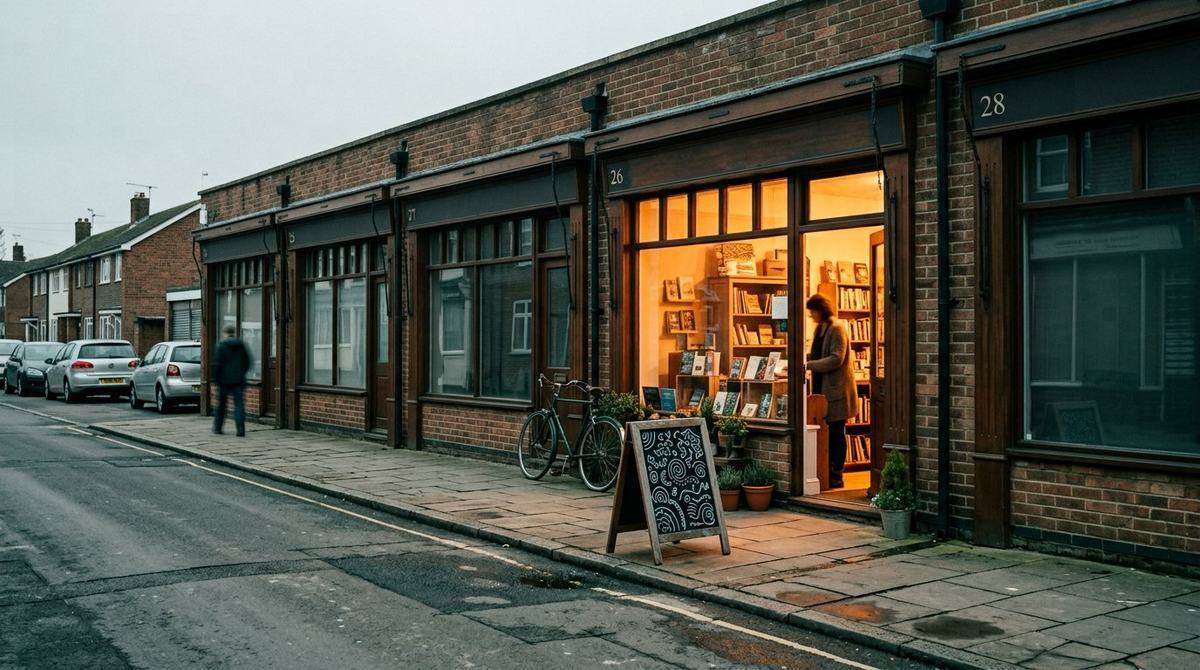 A row of identical brick shops, one lit warmly from inside