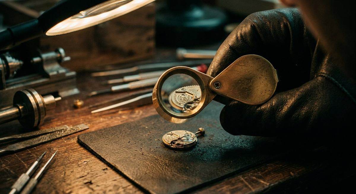 A jeweller’s loupe over a small precision component