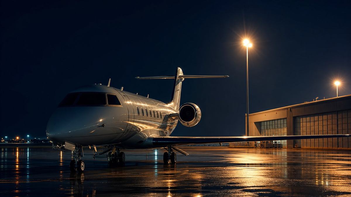 A private jet on a night tarmac under floodlights