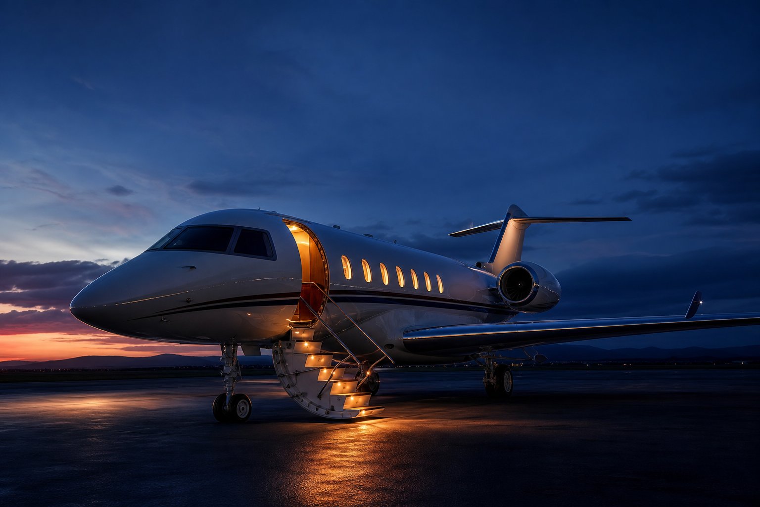 Private jet on dark tarmac at dusk with stairs down and warm cabin light