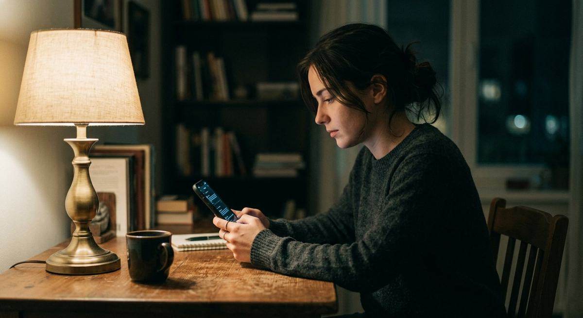 A woman reading a long thread on her phone by lamplight