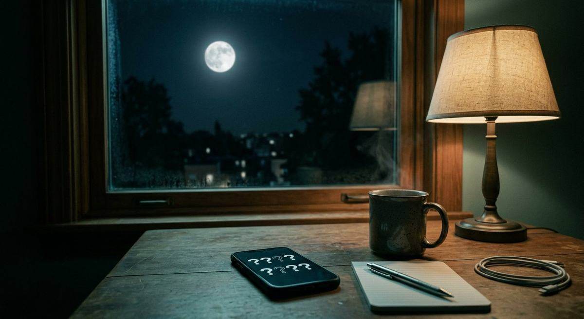 A desk at night with a full moon through the window