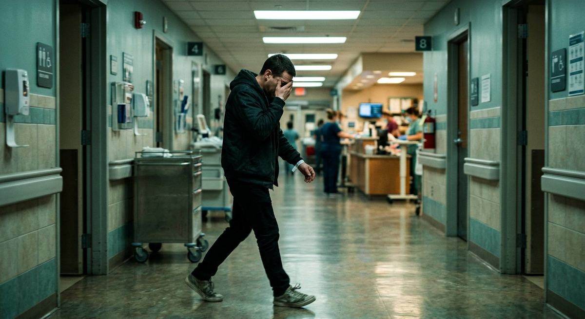 A man covering one eye while walking through a busy hospital corridor