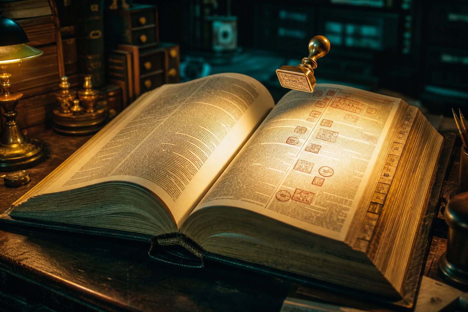 Open ledger glowing while a brass stamp hovers above