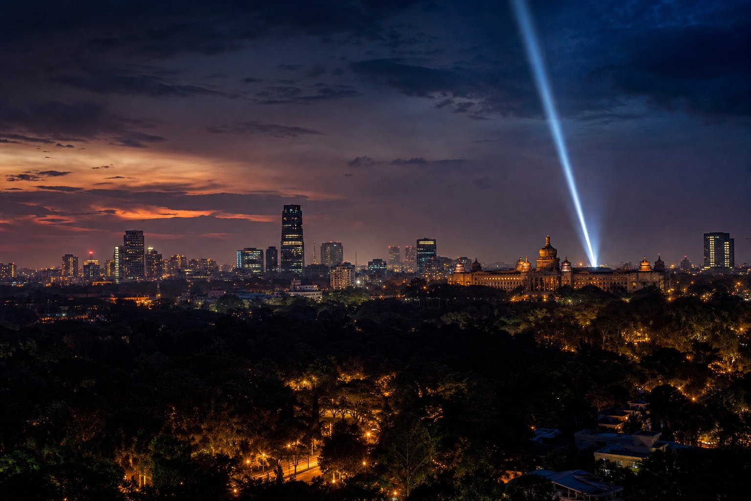 The Bengaluru skyline at dusk with a single spotlight beam rising into the sky