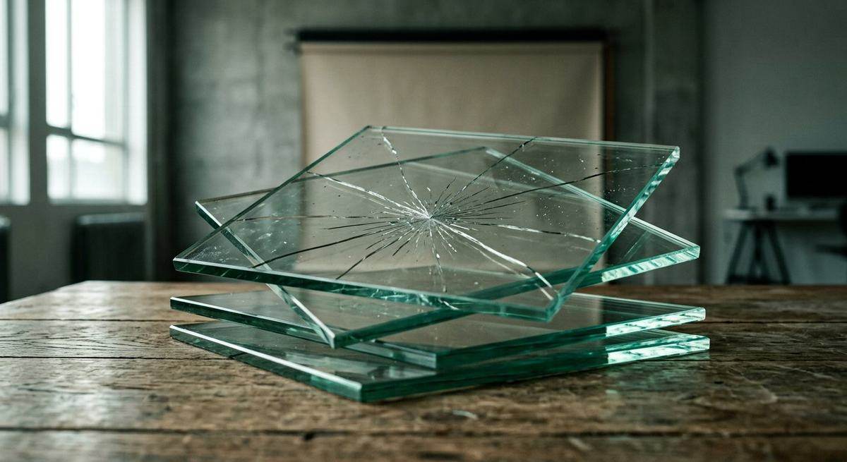 Three stacked glass panes, the middle one cracked