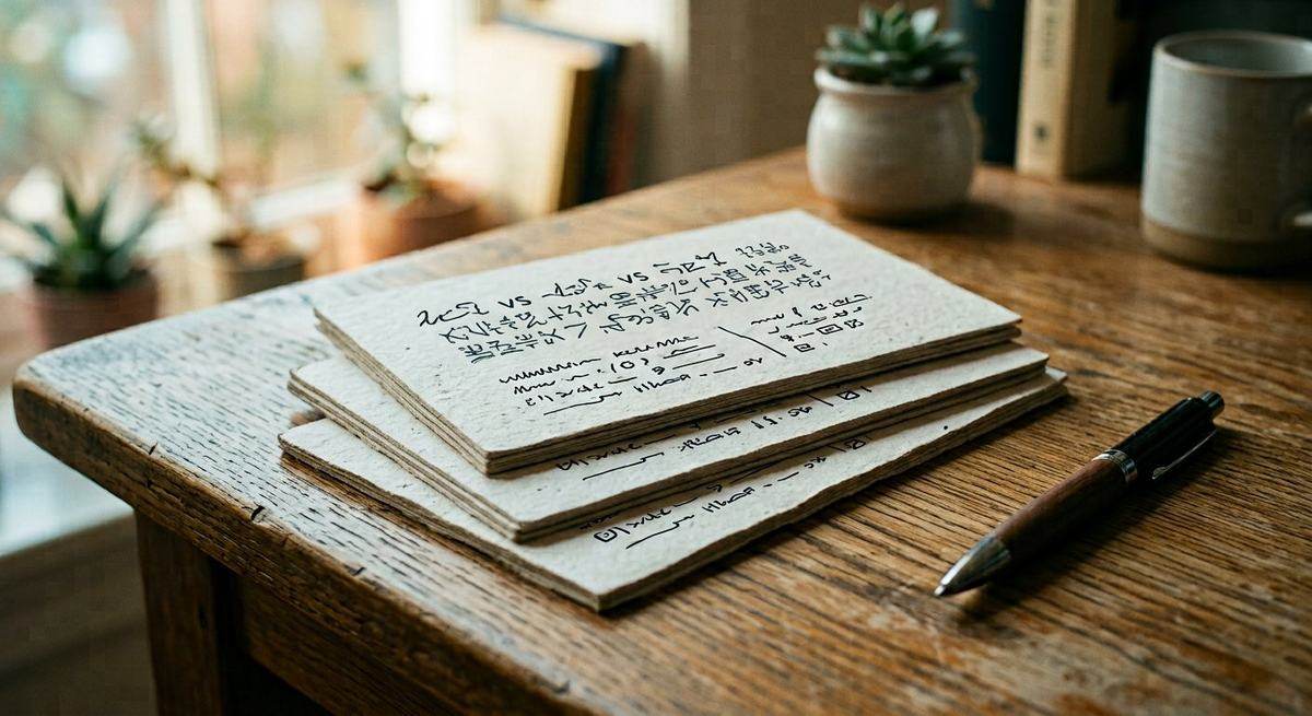 Three paper cards stacked on a desk beside a pen