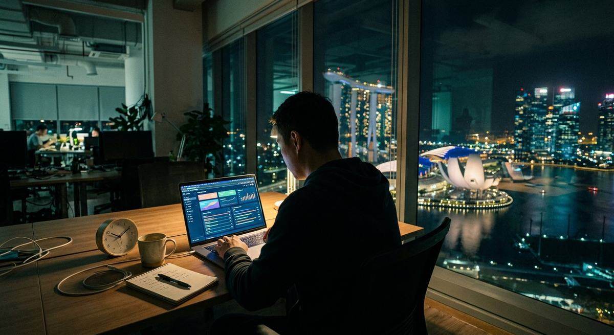 A man at a laptop at night, a small clock on the desk, skyline behind