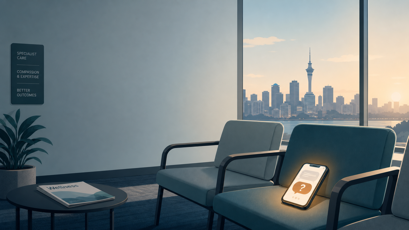 A quiet specialist waiting room at dawn, a glowing phone on a chair showing a chat conversation ending in a large question mark