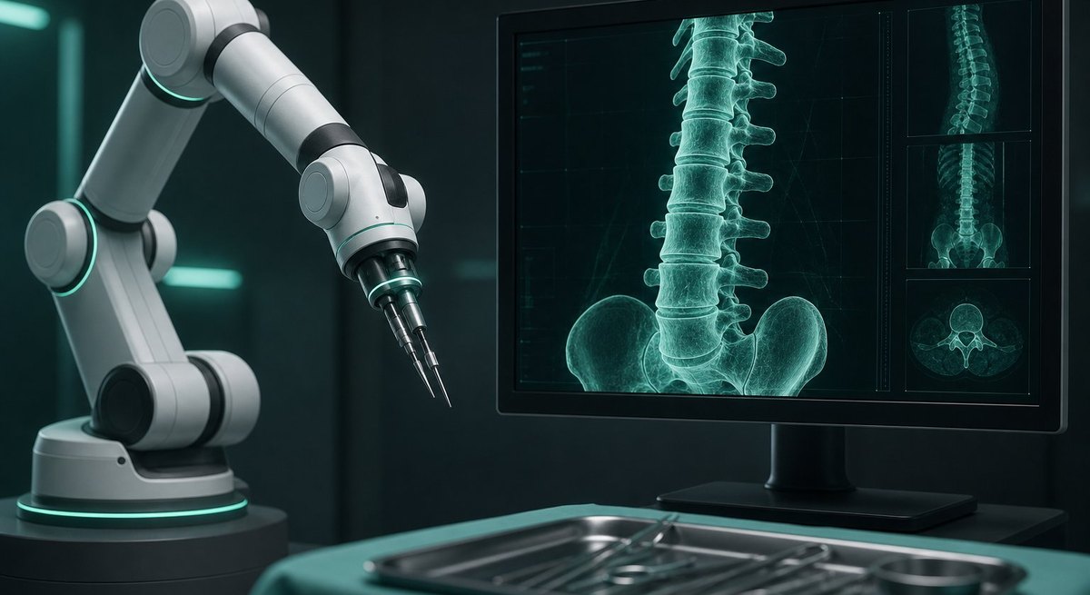 A robotic arm guiding a spine screw beside a 3D spine scan on a screen