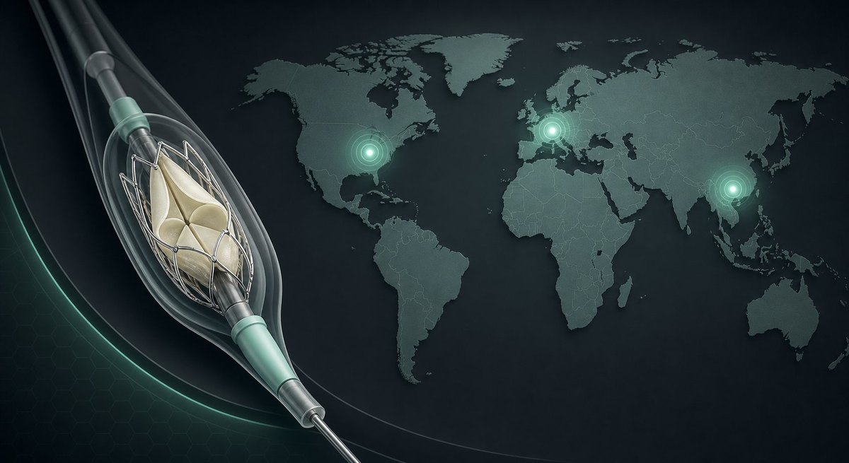 A catheter-delivered heart valve beside a world map with three currency markers