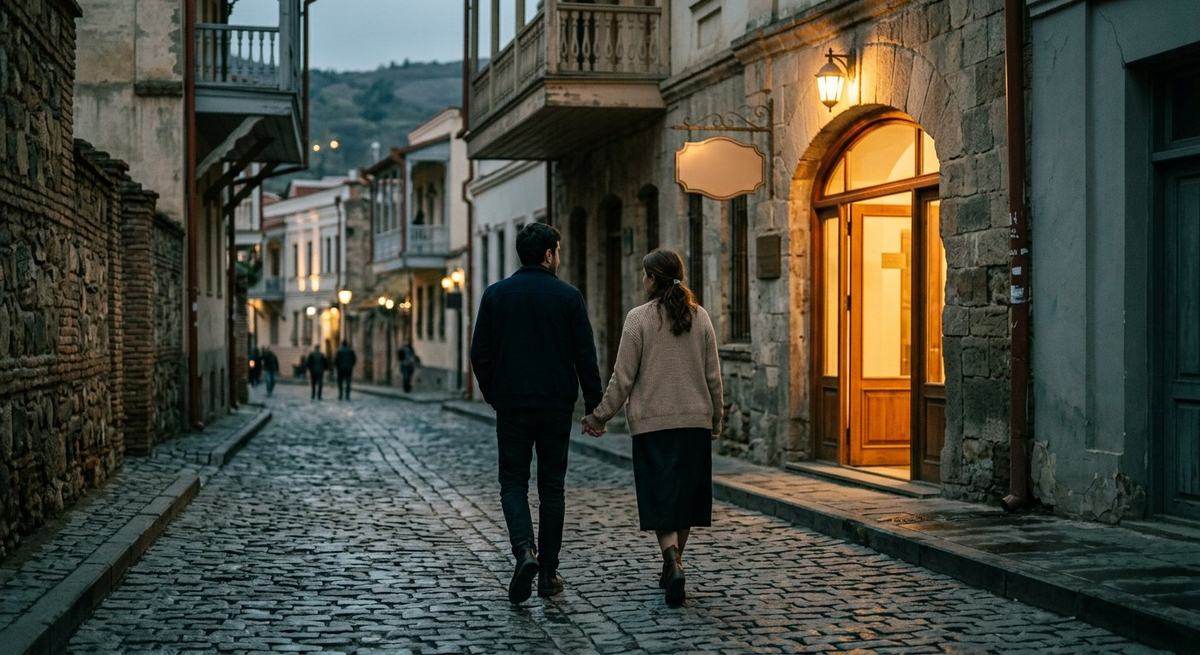 A couple walking hand in hand up an old-town street toward a lit doorway