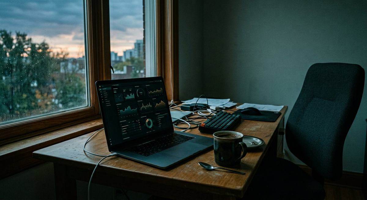 A laptop left open overnight, dashboard glowing, morning light arriving