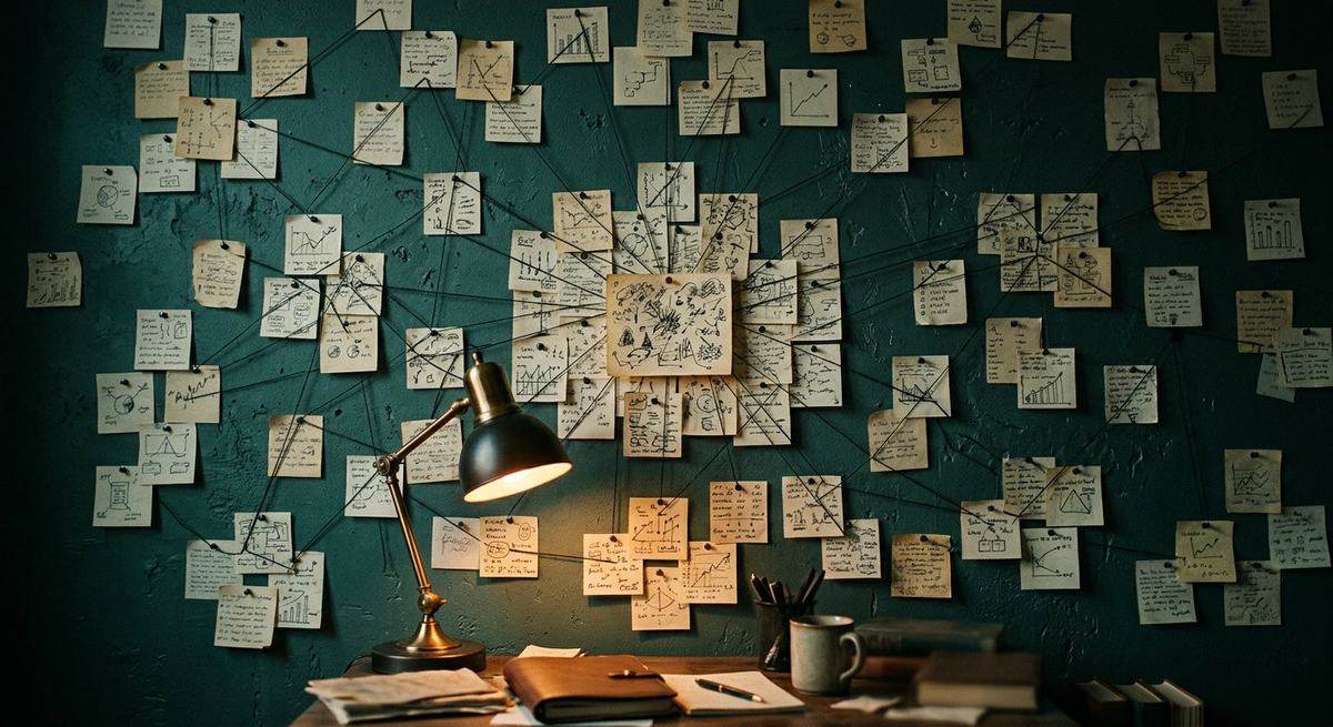 Wall notes connected by thread in a constellation pattern