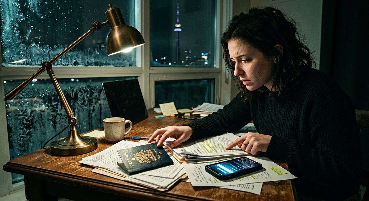 A woman at a desk at night with a passport, papers and a glowing phone