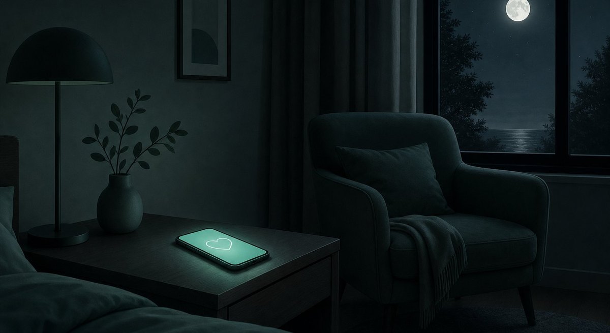 An elderly hand holding a phone showing a heart, at a dark window at night