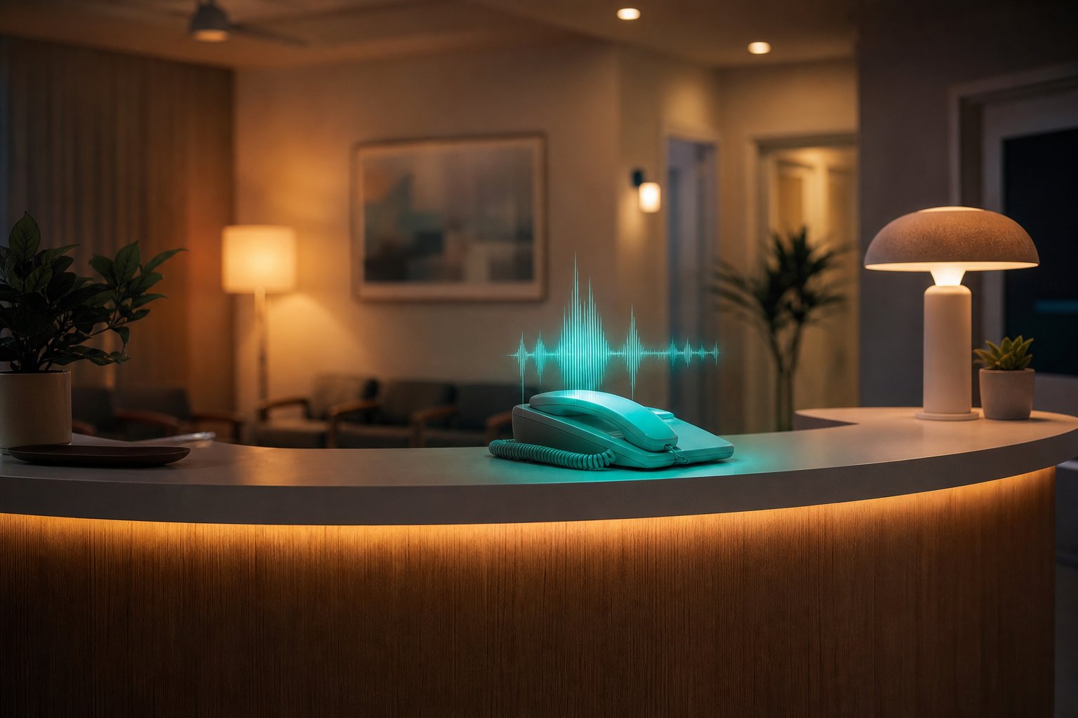 A clinic reception telephone glowing with an audio waveform
