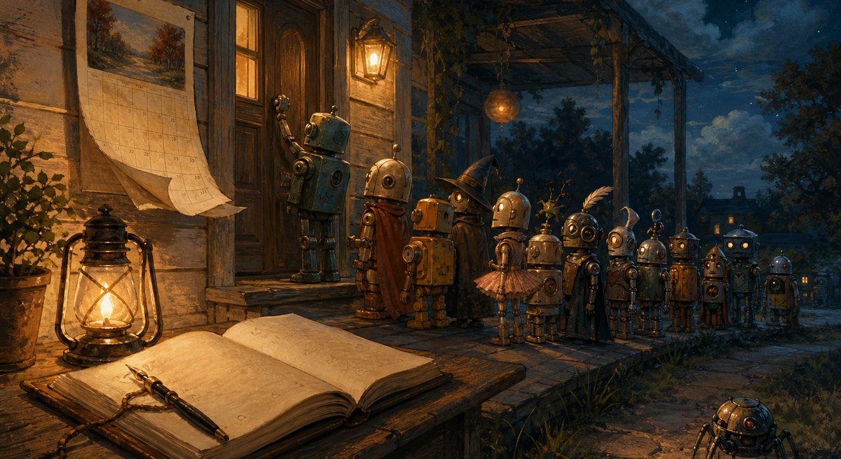 A cozy house porch at night with a guestbook open under a lantern and a polite queue of distinct little robots, a few wearing theater costumes and masks