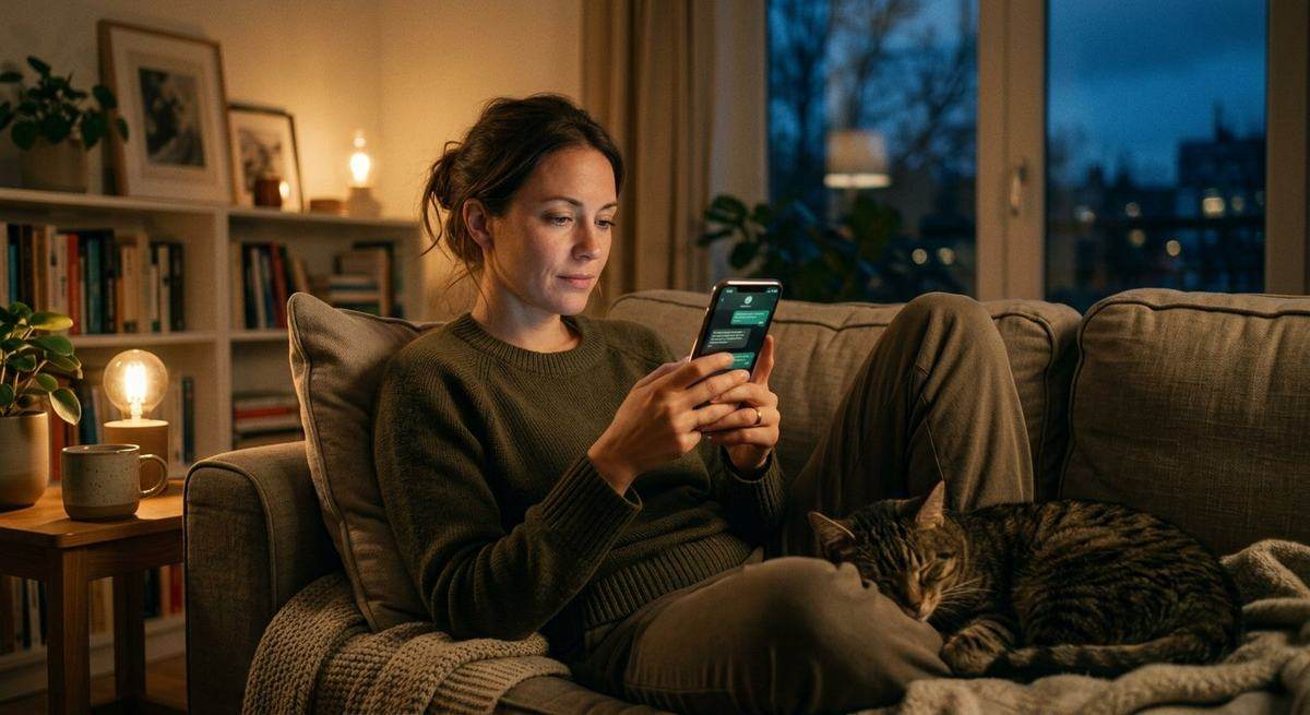 A woman on a couch in the evening reading her phone, a cat asleep beside her