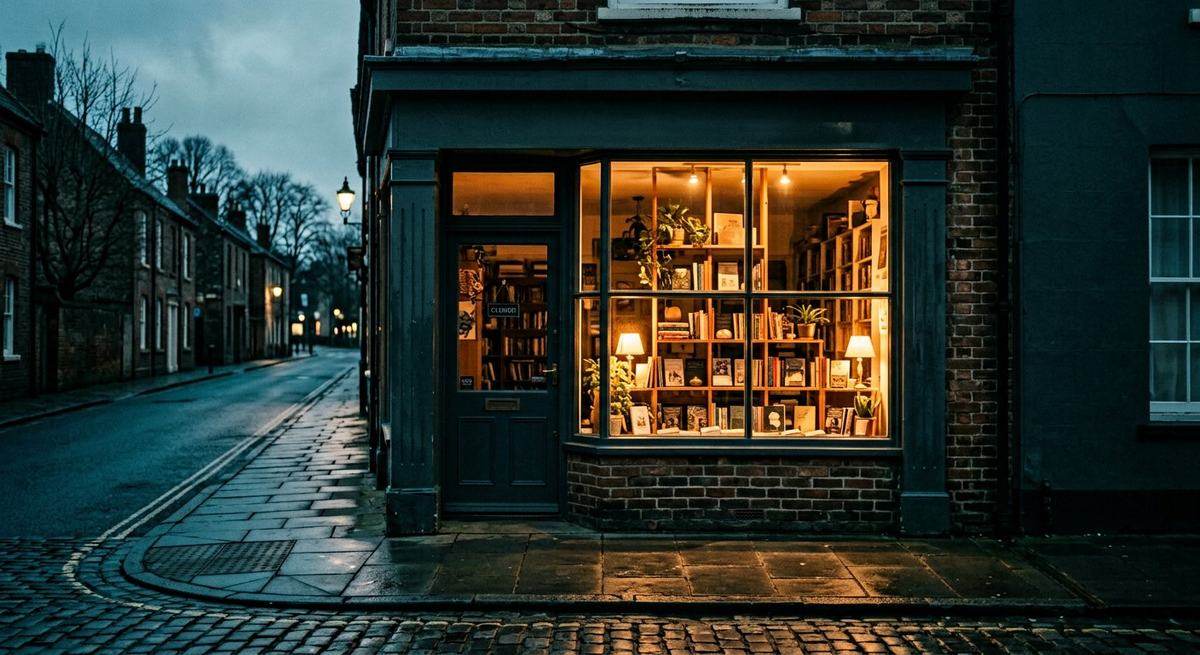 A small bookshop lit from inside on an empty evening street