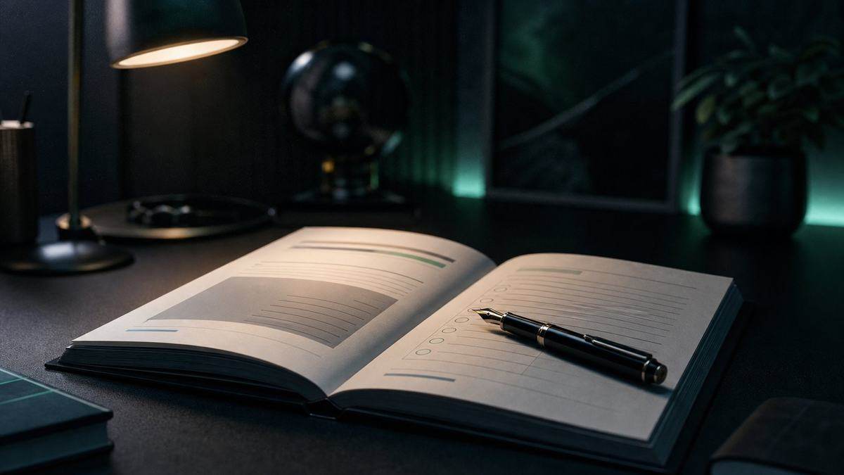 A pen resting on an editorial style guide with plain-English rules, warm desk light