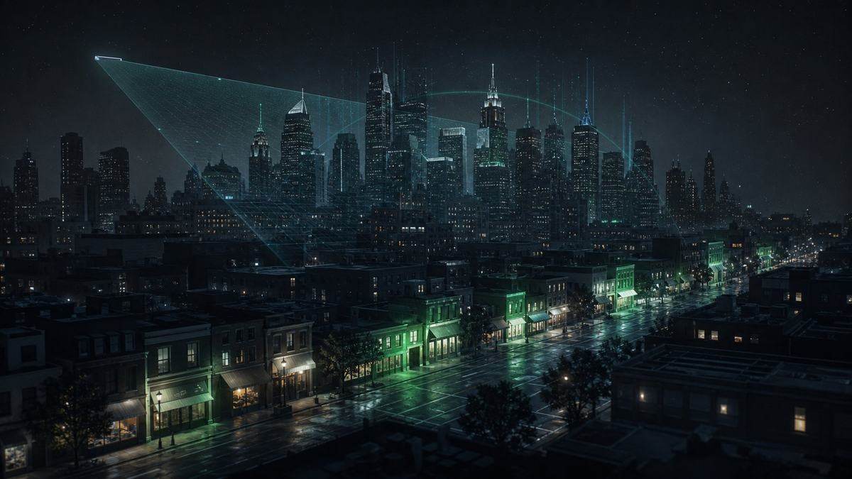 A city skyline under a scan of AI-visibility checks, small businesses lighting up one by one