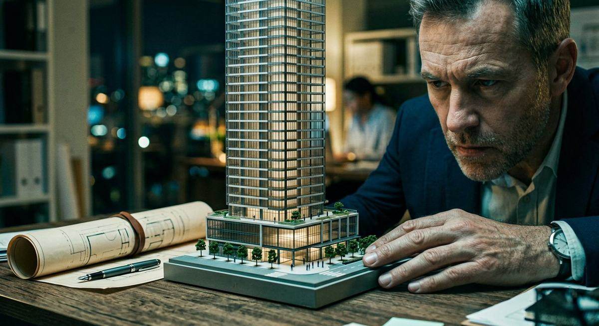 A man studying an architectural model of a tower beside a rolled blueprint