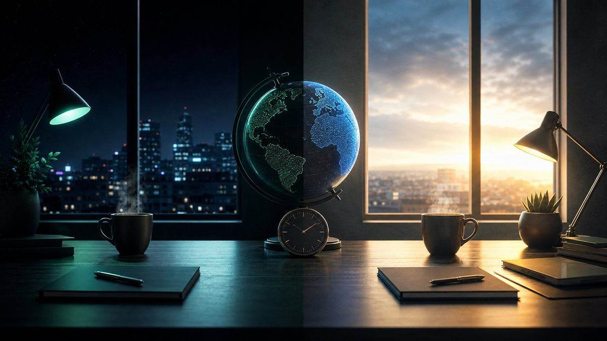A desk split between night and day, working across time zones, a globe and a clock between two cups