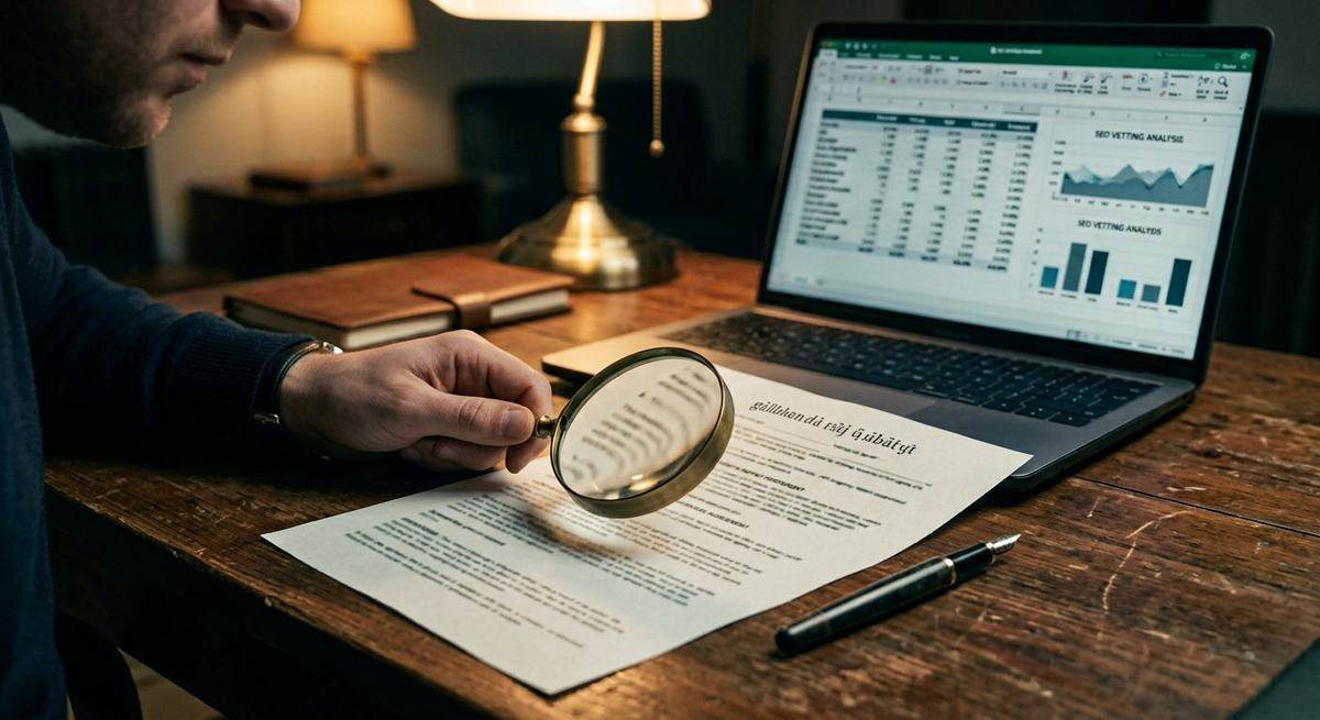 A contract under a magnifying glass beside a laptop