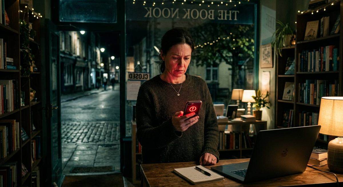 A shop owner at night holding a phone showing a red warning