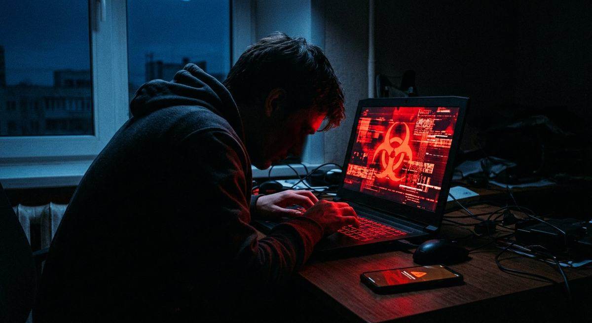A dark room lit by the red glow of a laptop screen